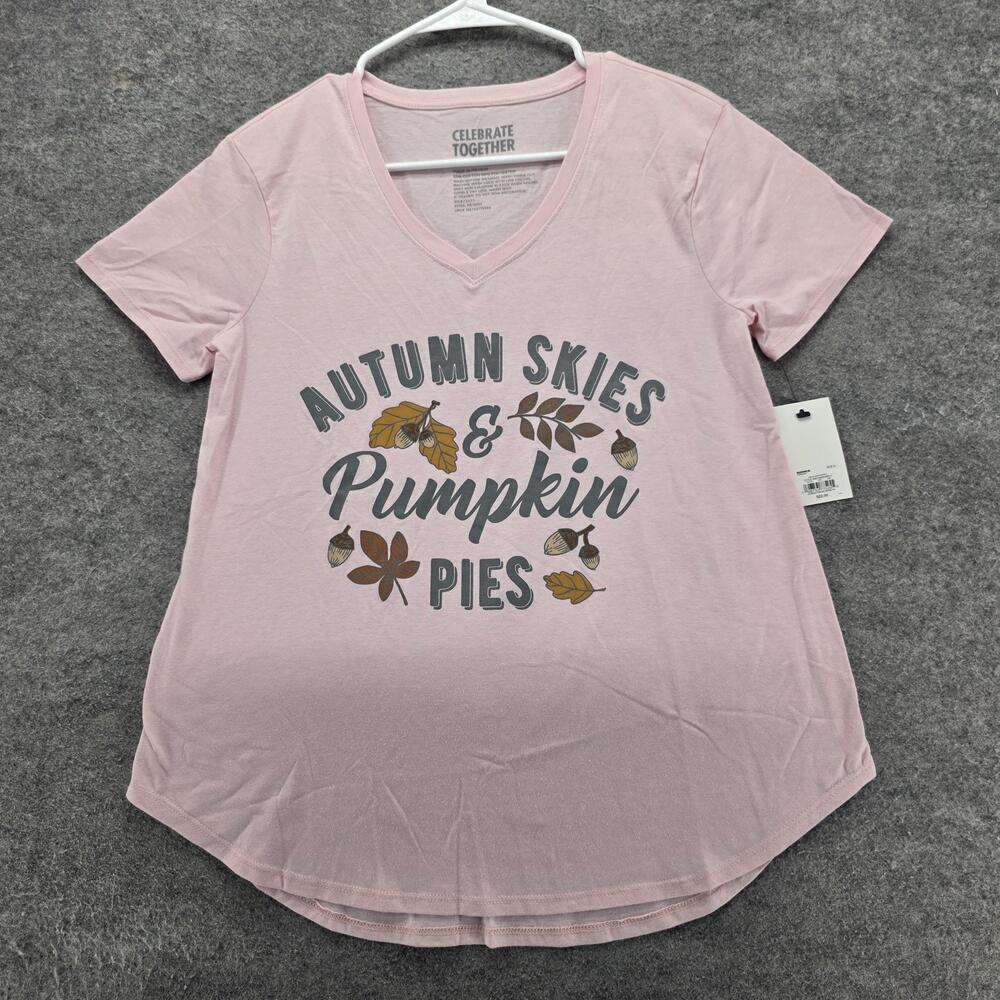 Celebrate Together Shirt Womens Small Pink Autumn Skies Pumpkin Pies Graphic Tee